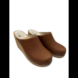 Maguba Wedge Clog Brown Size 6.5 Cognac Brown 3 Inch Heel Leather Upper Size 37